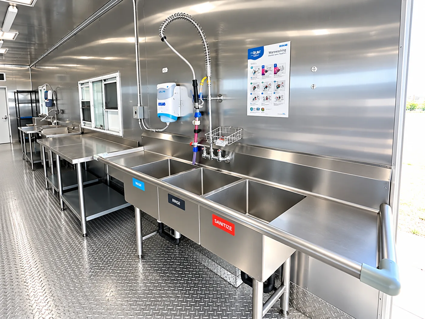 Wash, rinse and sanitize sinks inside a commercial dishwashing trailer