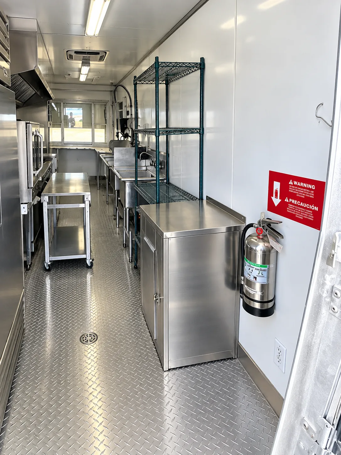 Stainless commercial cooking line inside a mobile kitchen trailer