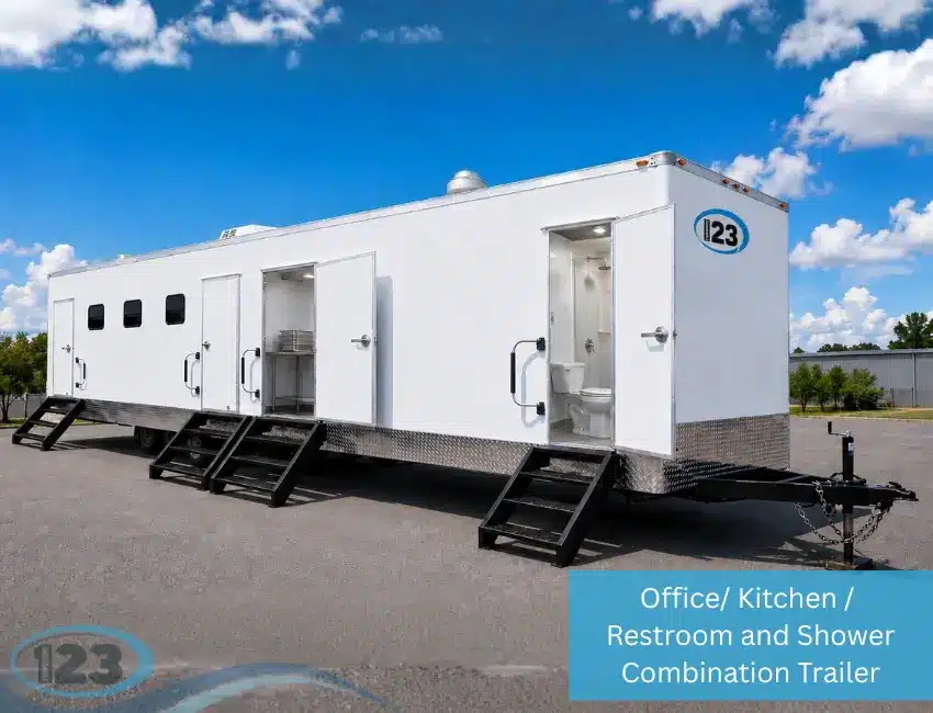 Exterior of an office, kitchen, restroom and shower combination trailer