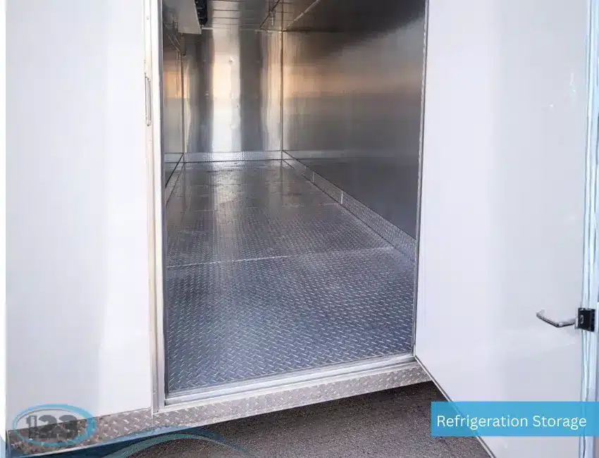 Interior of a temporary refrigeration trailer prepared for cold storage
